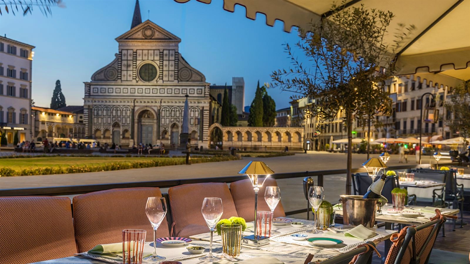 A view from tables at The Place Firenze of the Basilica di Santa Croce.